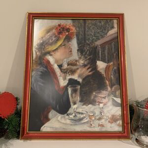 VTG Renoir La Femme Au Chien Print Girl Dog Red Large 24 X 19 in Framed Red
